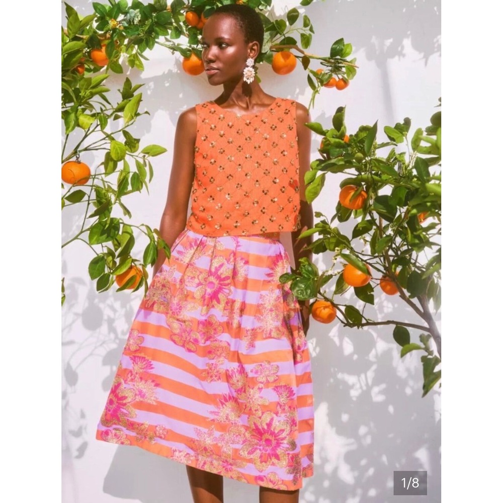 Lilly Pulitzer Lauderdale Midi Skirt Papaya 00 Orange Pink Gold Floral Metallic